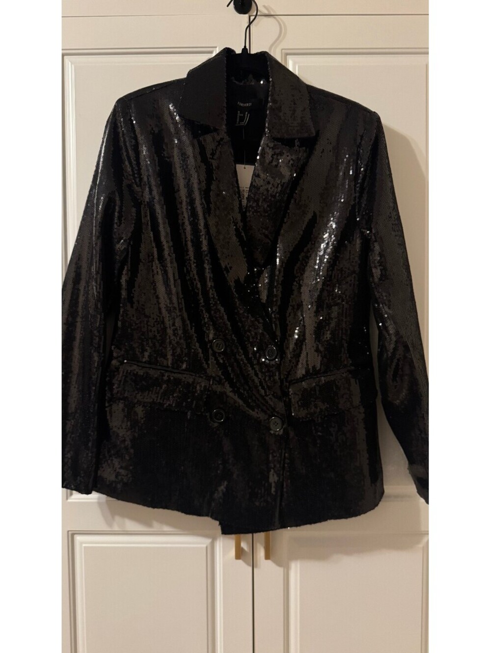 NWT-Forever 21 Women's Black Sequin Double-Breasted Blazer Jacket Size M